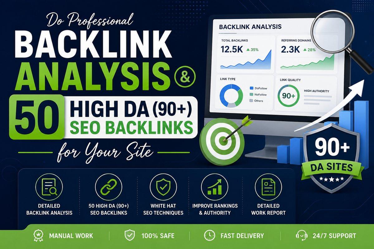 Do Professional Backlink Analysis & 50 High DA SEO Backlinks for Your Site